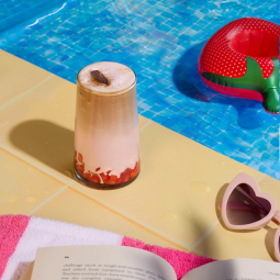 Iced Strawberry Latte by the pool