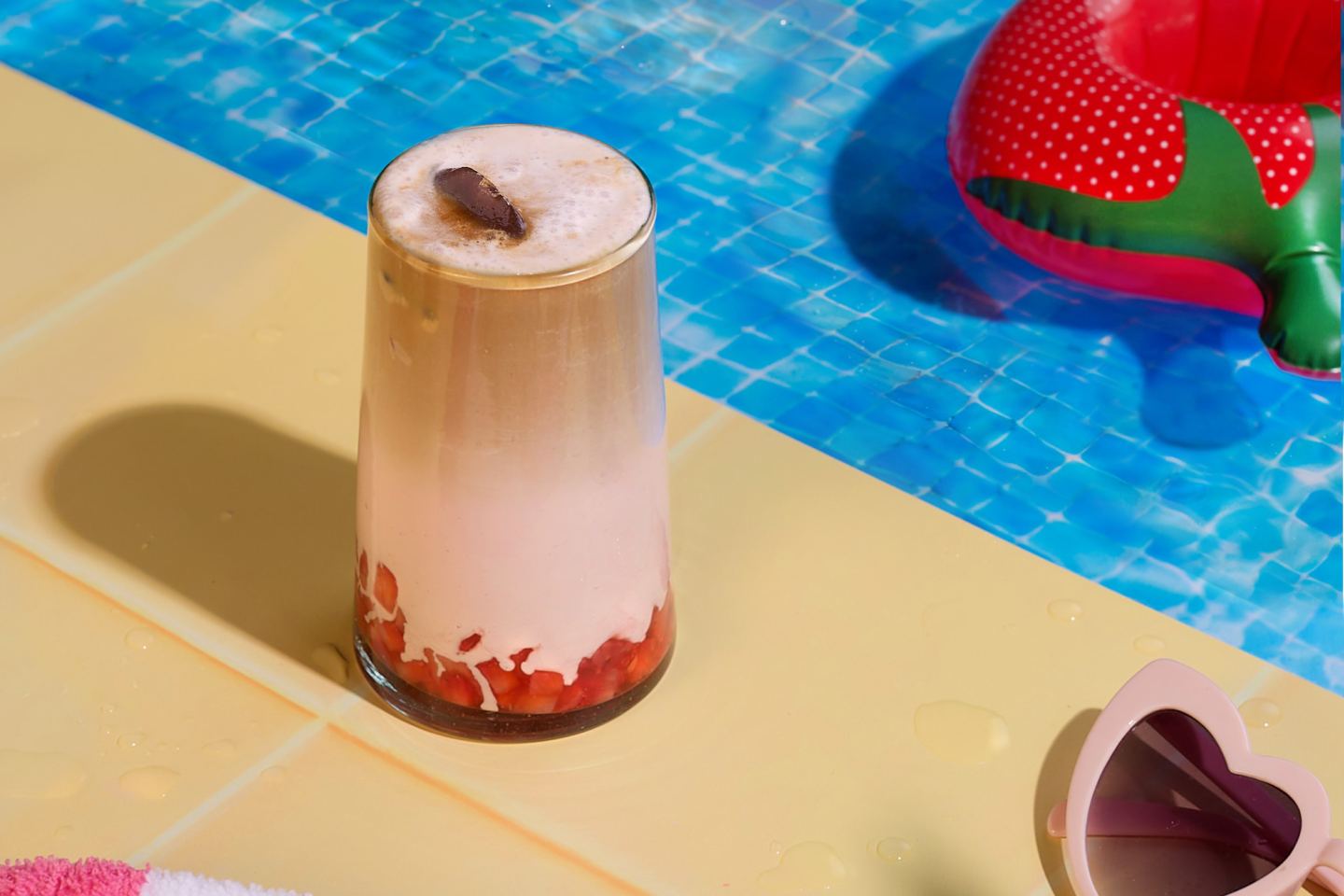 Iced strawberry latte by the pool Iced strawberry latte by the pool