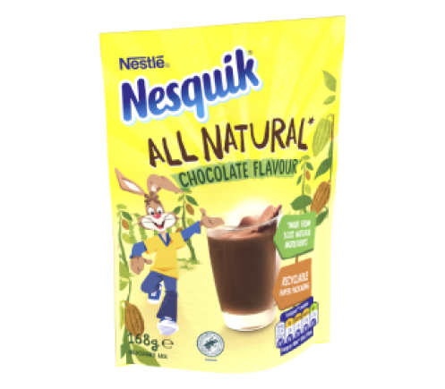 all-nat-powder-left-tilt.png Nesquik all natural chocolate milkshake powder 168g paper pouch